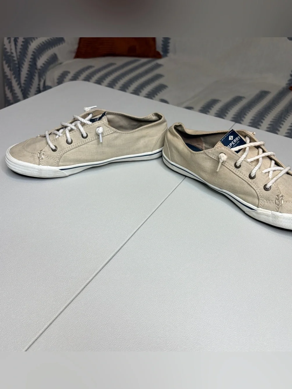 Sperry Beige Canvas Boat Shoes with White Soles 8